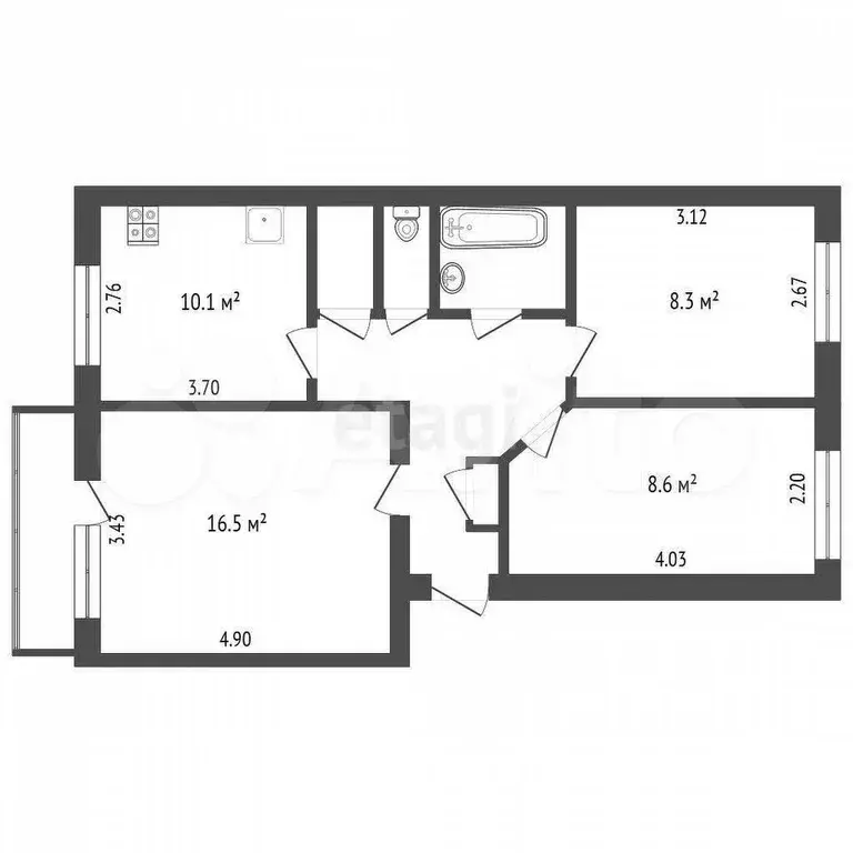 3-к. квартира, 58,9 м, 3/4 эт. - Фото 0
