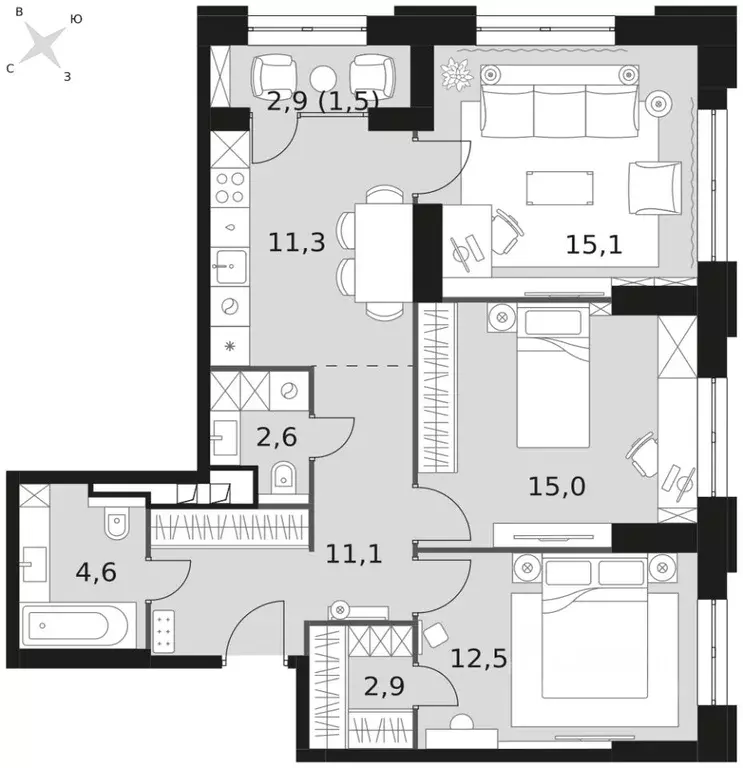 3-к кв. Москва Шелепихинская наб., 40к1 (76.6 м) - Фото 2