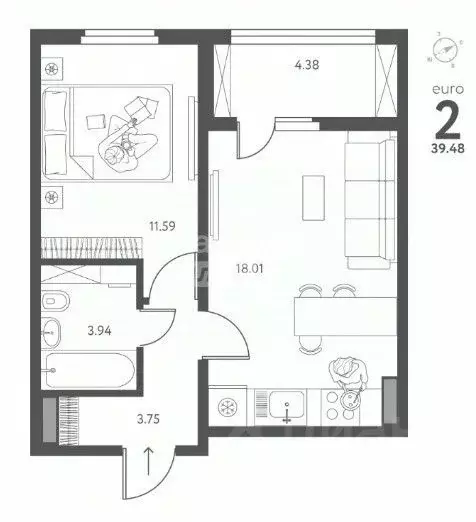 1-к кв. Липецкая область, Липецк ул. Перова, 1 (39.48 м) - Фото 2