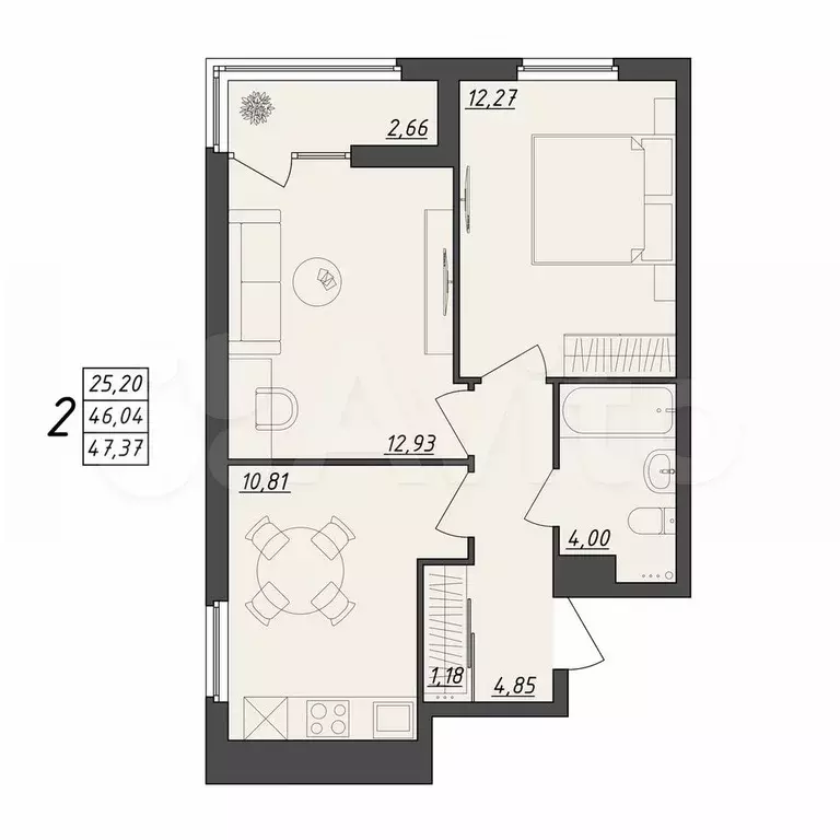 2-к. квартира, 47,4 м, 7/10 эт. - Фото 0