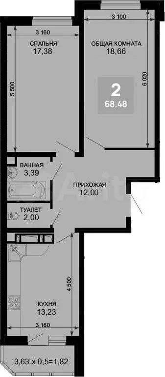 2-к. квартира, 68,5 м, 12/19 эт. - Фото 1