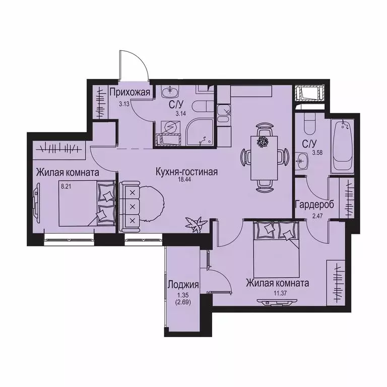 2-комнатная квартира: деревня Новосергиевка, ЖК Айди Кудрово II (51.69 ... - Фото 0