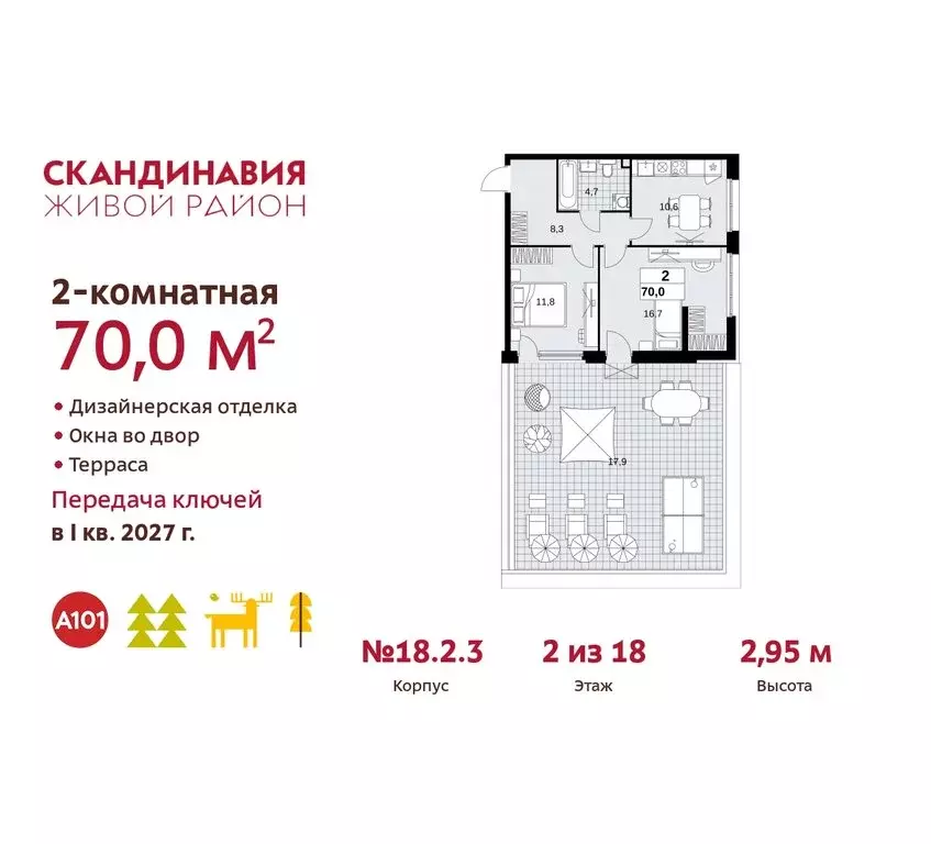 2-комнатная квартира: жилой комплекс Скандинавия, 18.2.2 (70 м) - Фото 0