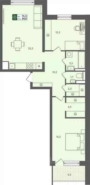 2-к кв. Курганская область, Курган Заозерный жилрайон,  (80.8 м) - Фото 1