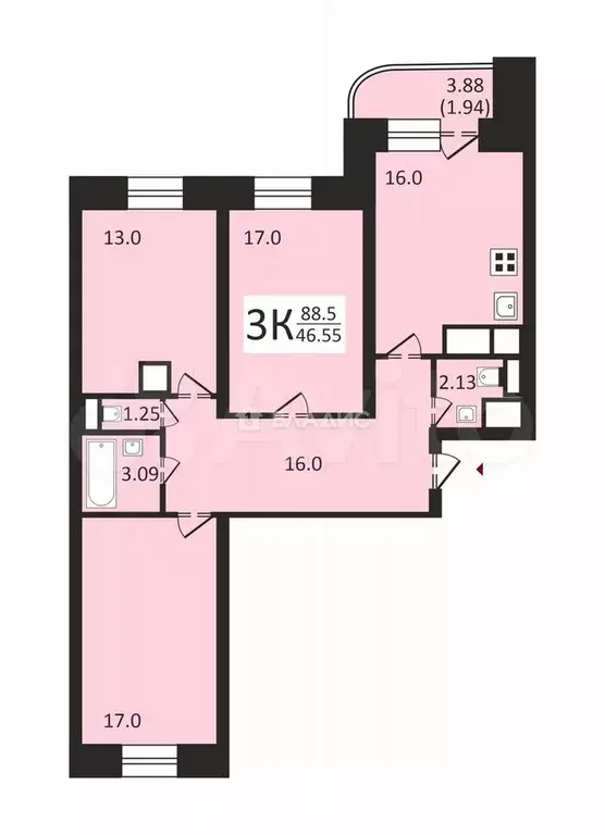 3-к. квартира, 89,5 м, 23/25 эт. - Фото 0