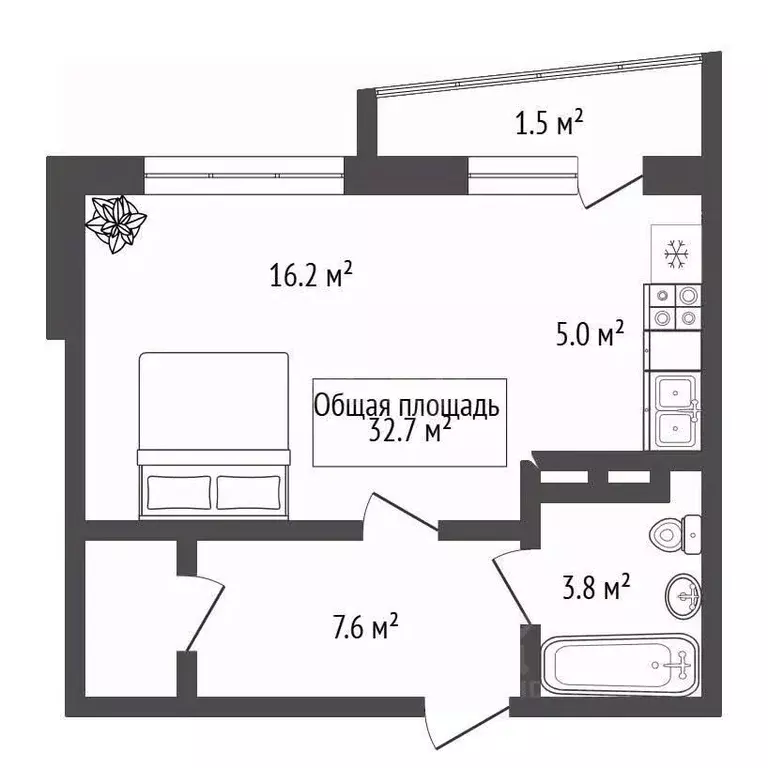 Студия Новосибирская область, Новосибирск ул. Ясный Берег, 13 (32.7 м) - Фото 2