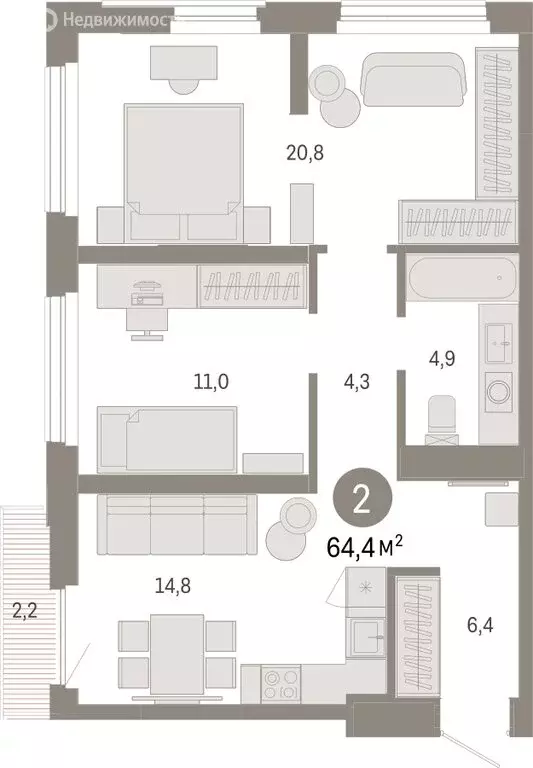 2-комнатная квартира: Тюмень, жилой комплекс Зарека (64.41 м) - Фото 1