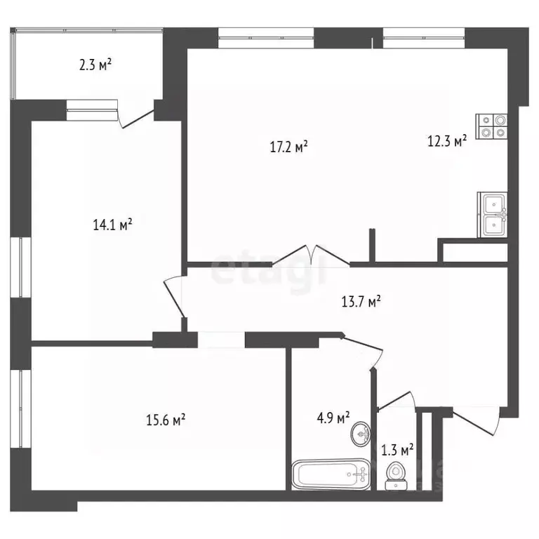 3-к кв. Тюменская область, Тюмень ул. Бориса Житкова, 7 (79.4 м) - Фото 2