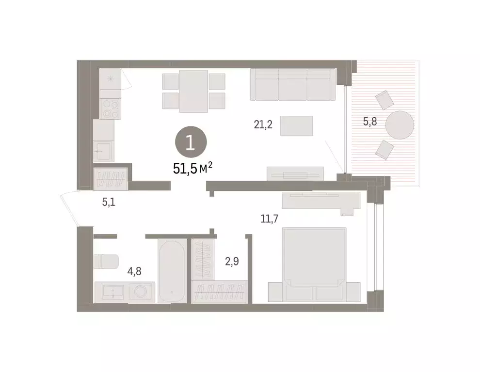 1-комнатная квартира: Тюмень, ЖК Дом у Озера (51.49 м) - Фото 1