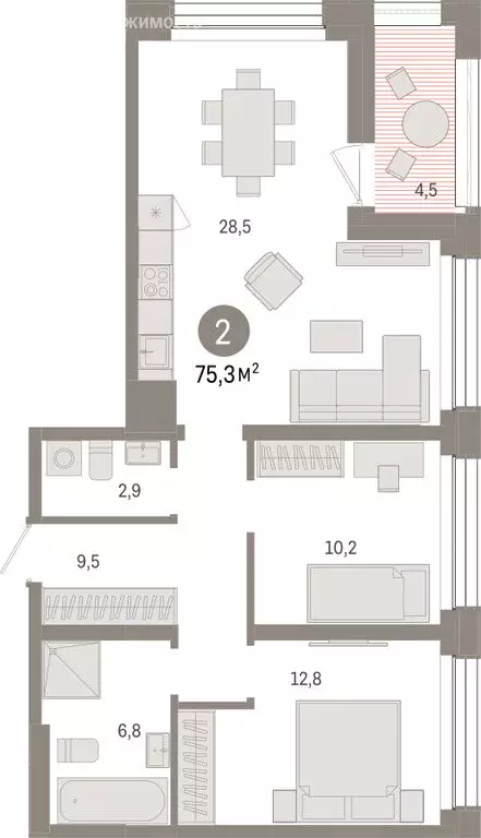 2-комнатная квартира: Тюмень, улица Муравленко, 9/2 (75.28 м) - Фото 1