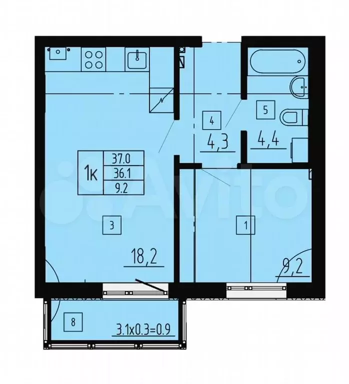 1-к. квартира, 37 м, 3/8 эт. - Фото 1