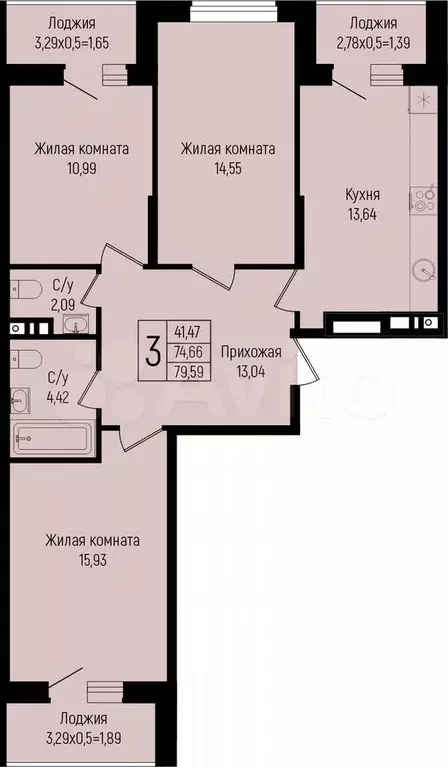 3-к. квартира, 79,6 м, 7/15 эт. - Фото 0