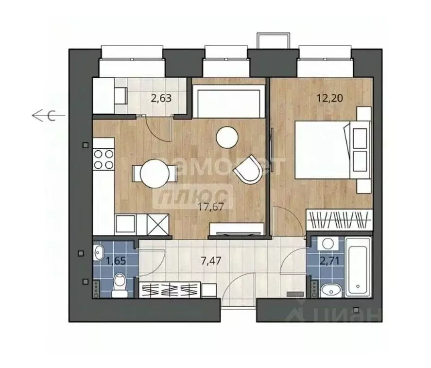 1-к кв. Омская область, Омск ул. Герцена, 99 (45.0 м) - Фото 1