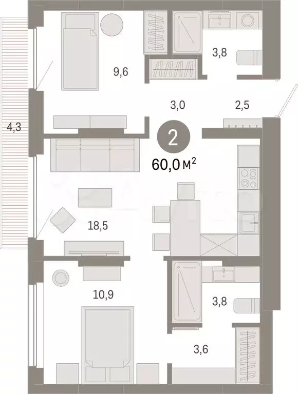 2-к. квартира, 60 м, 4/12 эт. - Фото 0