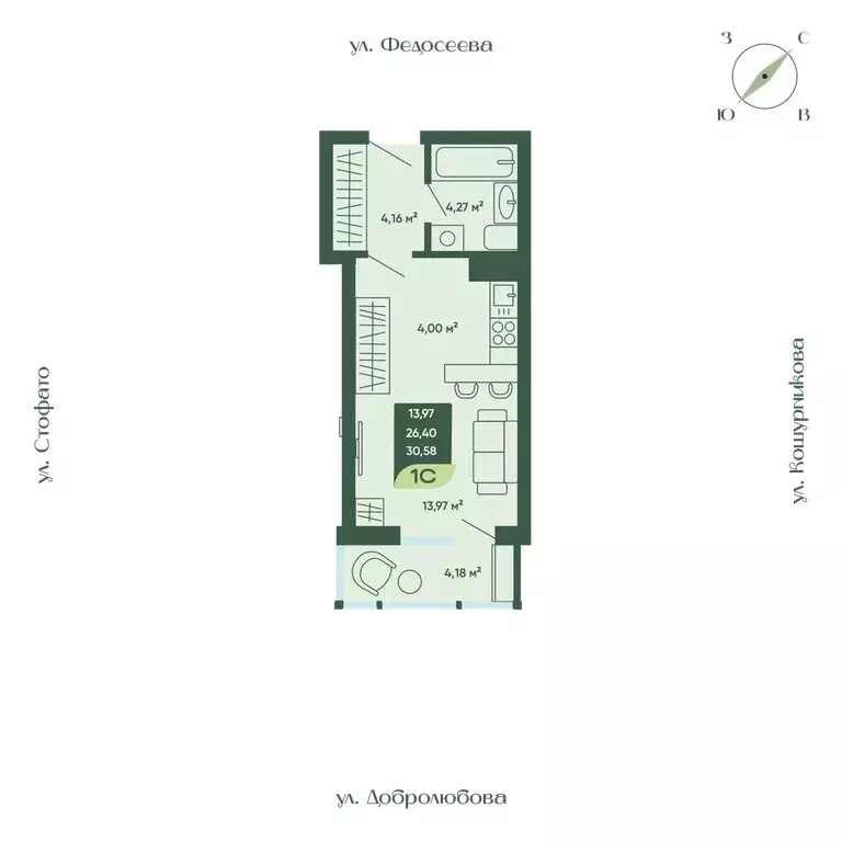 Квартира-студия: Новосибирск, улица Стофато, 26 (30.58 м) - Фото 1