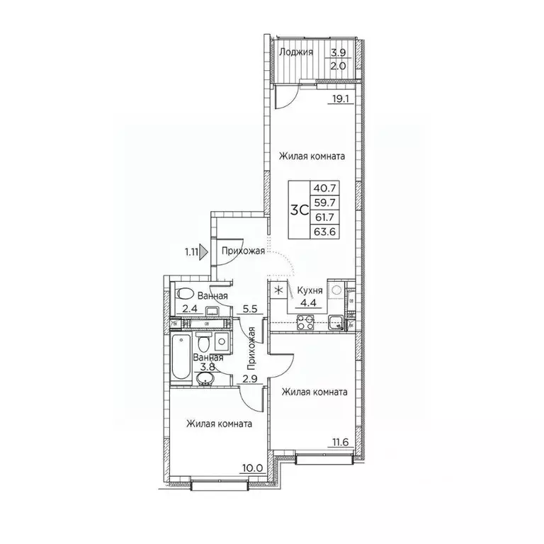 3-к кв. Приморский край, Владивосток ул. Расула Гамзатова, 7к2 (63.6 ... - Фото 2