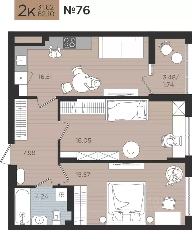 2-к кв. Калининградская область, Калининград Мой Город жилой комплекс ... - Фото 1