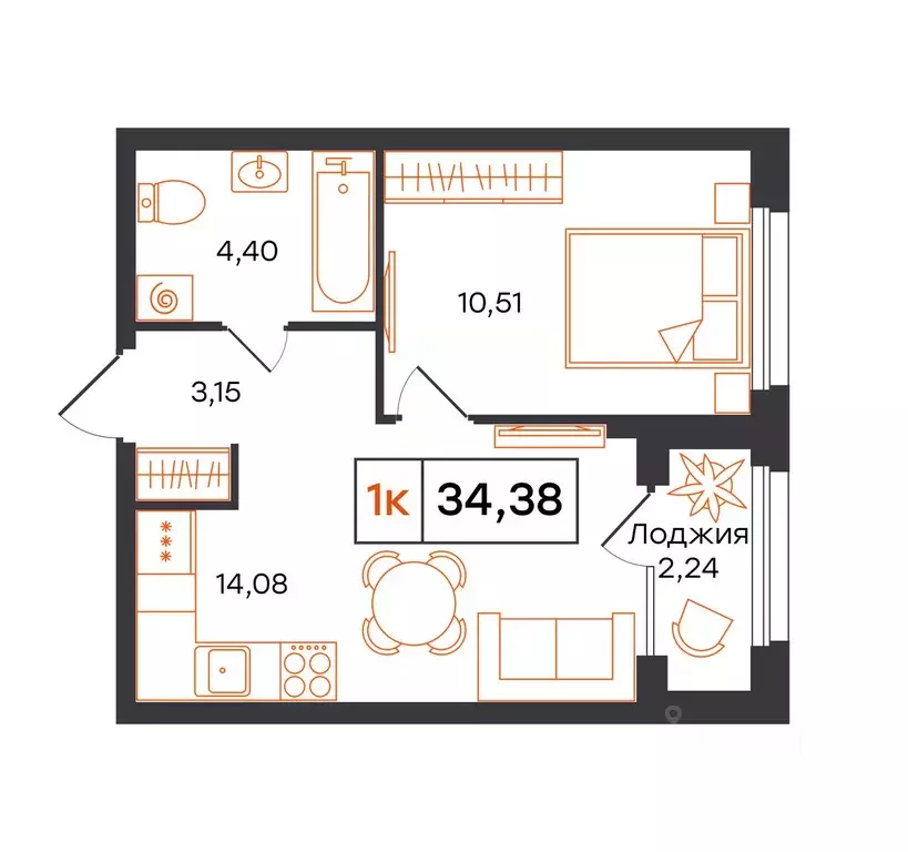 1-к кв. Тюменская область, Тюмень Полевая ул., 117к13 (34.38 м) - Фото 1