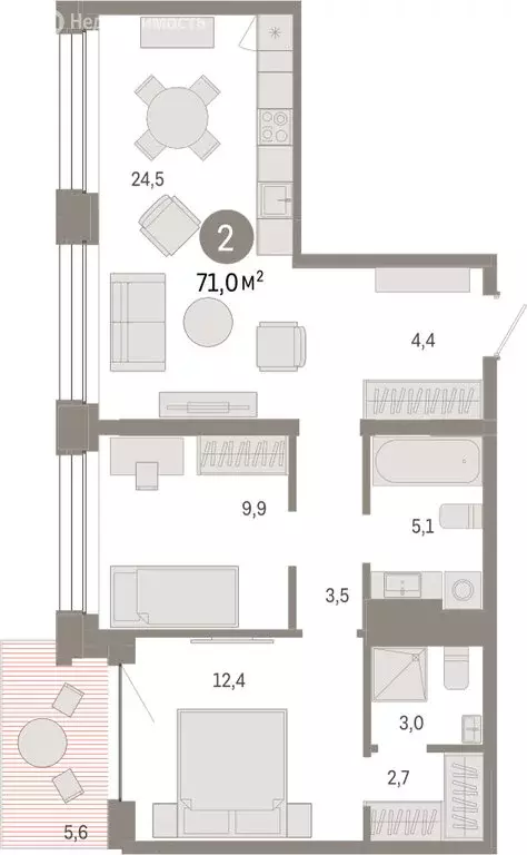 2-комнатная квартира: Тюмень, улица Муравленко, 9/2 (70.96 м) - Фото 1