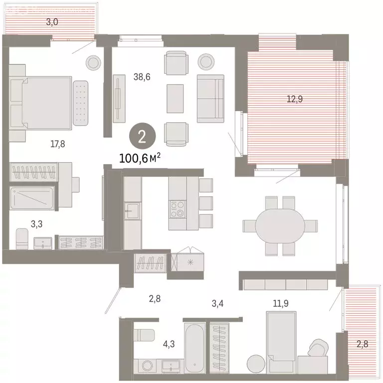 2-комнатная квартира: Тюмень, улица Республики, 205к3 (100.59 м) - Фото 2