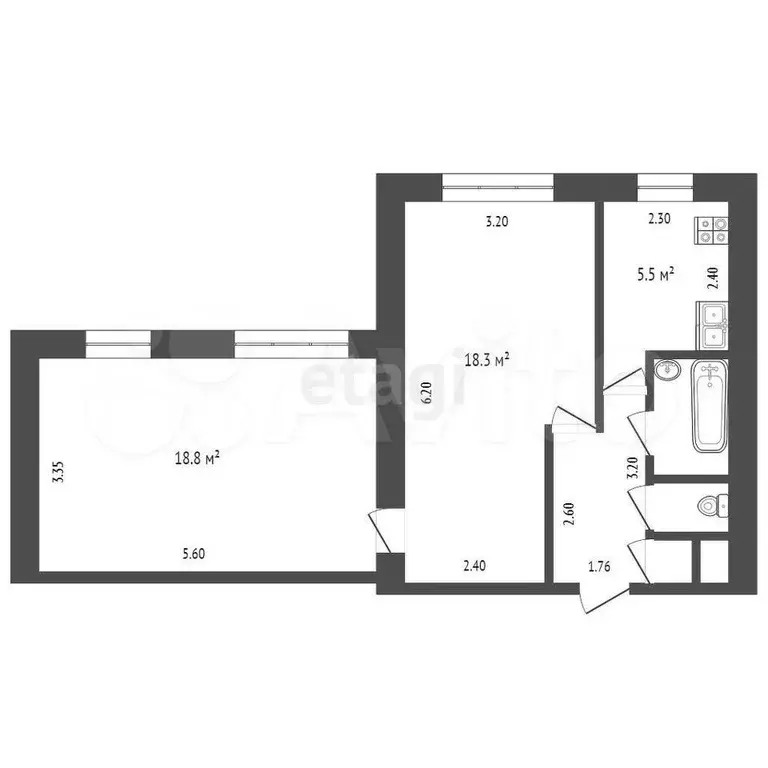 2-к. квартира, 52 м, 2/9 эт. - Фото 1