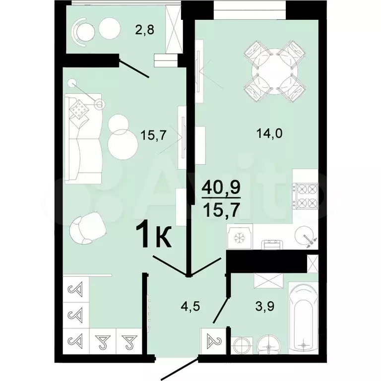 1-к. квартира, 40,9 м, 8/8 эт. - Фото 1