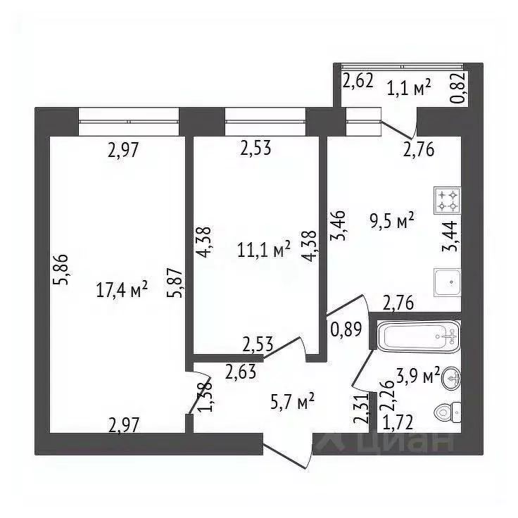 2-к кв. Башкортостан, Уфа ул. Гази Загитова, 9 (47.6 м) - Фото 2