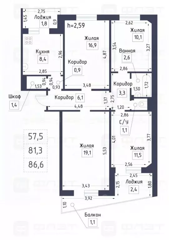 4-к кв. Татарстан, Казань ул. Галии Кайбицкой, 4 (86.6 м) - Фото 1