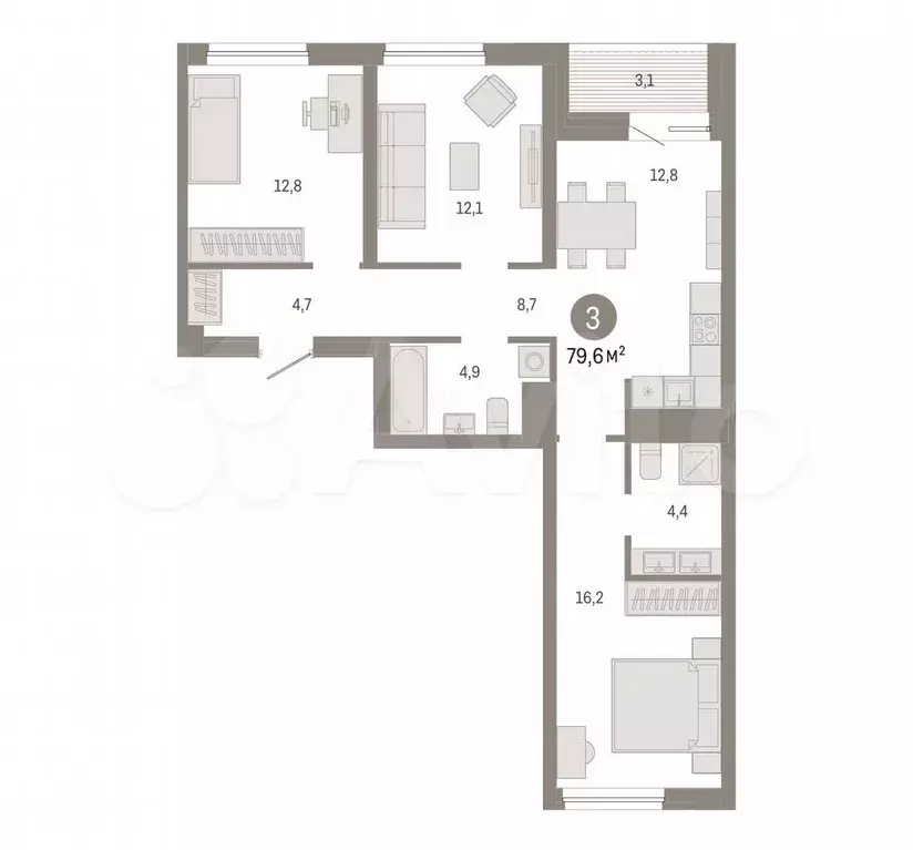 3-к. квартира, 79,6 м, 4/8 эт. - Фото 0