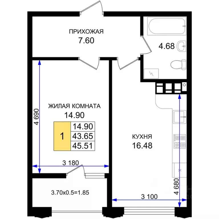 1-к кв. Краснодарский край, Новороссийск 5-я Бригада мкр,  (45.51 м) - Фото 0