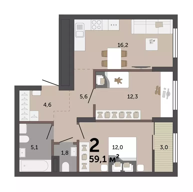 2-комнатная квартира: Екатеринбург, улица Краснолесья, 10/6 (58.6 м) - Фото 1