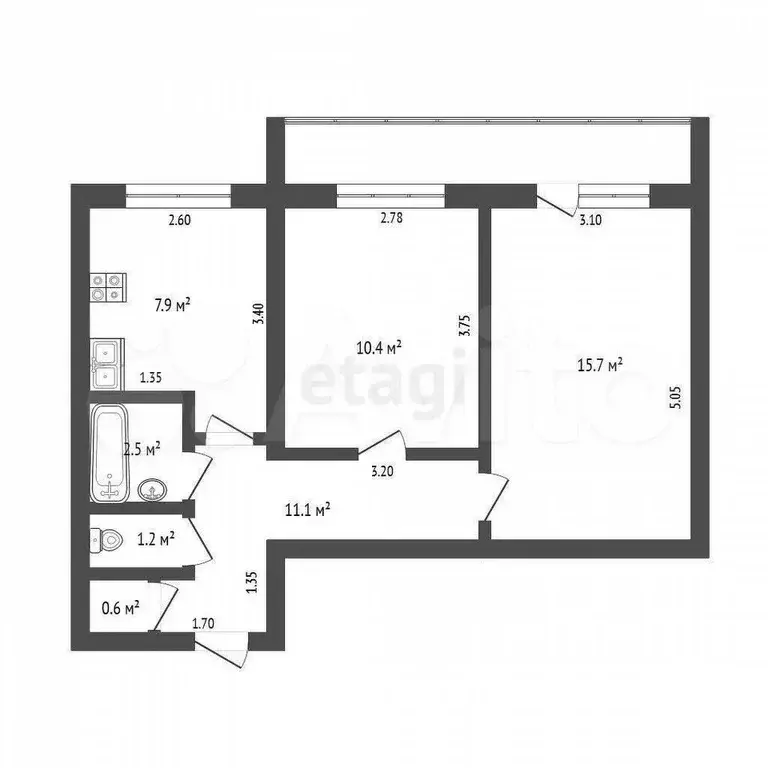 2-к. квартира, 49,4 м, 4/5 эт. - Фото 1
