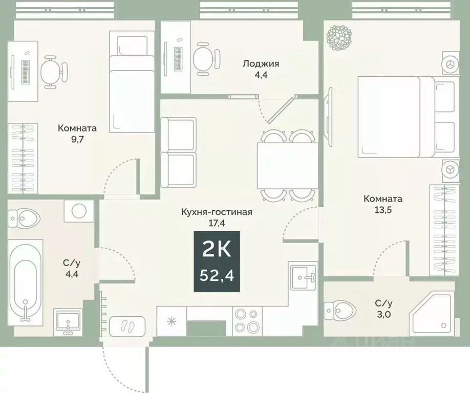 2-к кв. Курганская область, Курган Заозерный жилрайон, 6А мкр, ул. ... - Фото 1