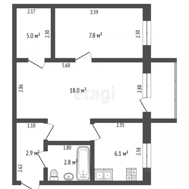 2-к кв. Башкортостан, Стерлитамак Вокзальная ул., 2Б (42.6 м) - Фото 2