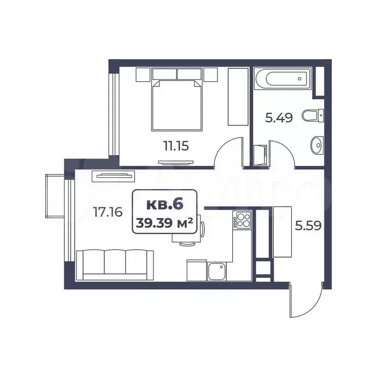 1-к. квартира, 39,4 м, 1/8 эт. - Фото 0