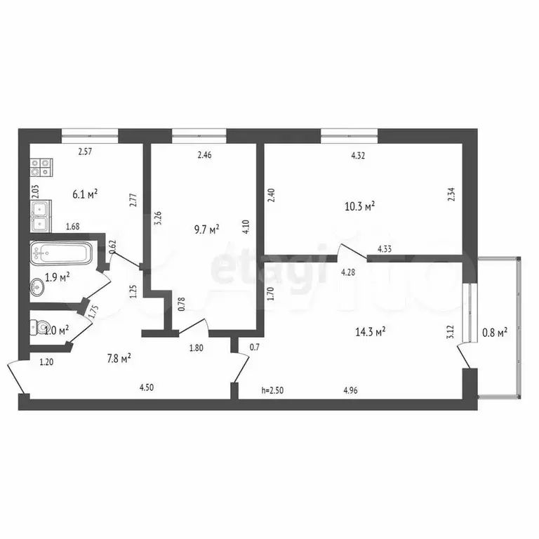 3-к. квартира, 51,1 м, 2/5 эт. - Фото 0