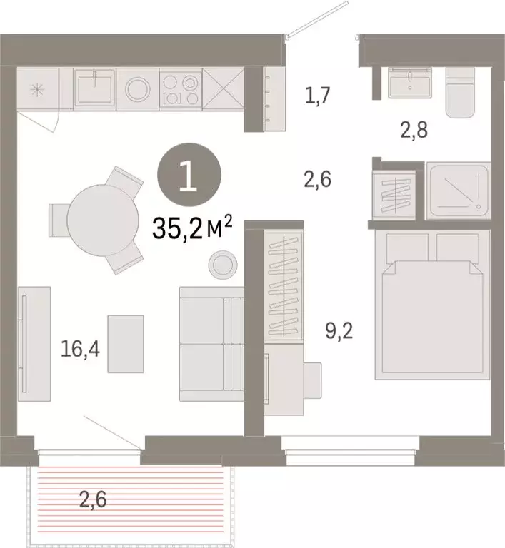 1-комнатная квартира: Тюмень, Мысовская улица, 26к2 (35.23 м) - Фото 1