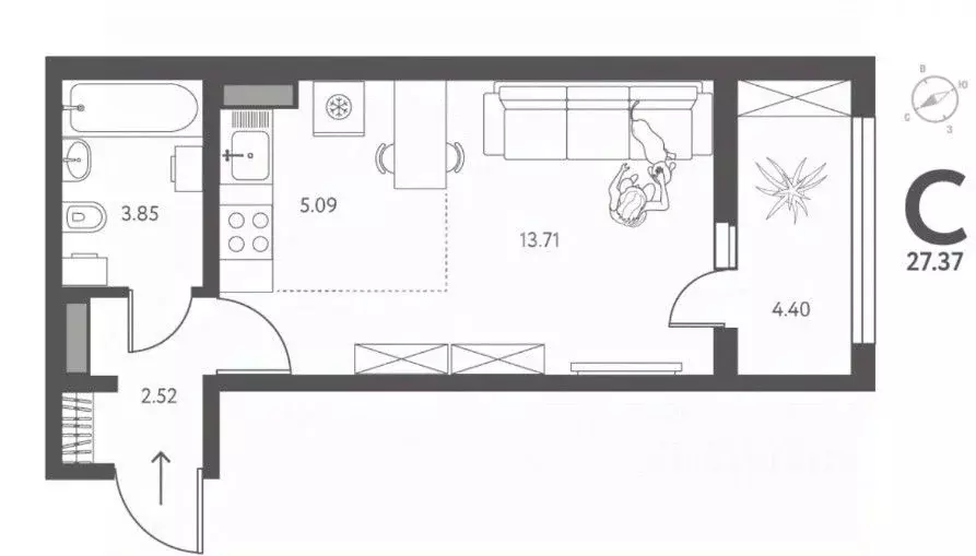 Студия Липецкая область, Липецк ул. Перова, 1 (27.37 м) - Фото 2