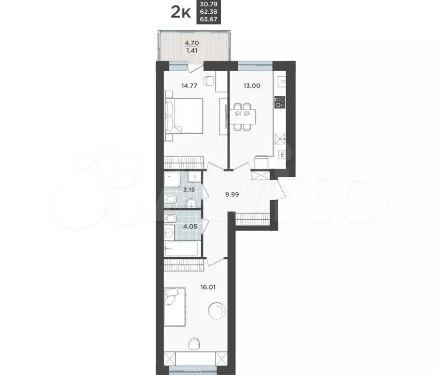 2-к. квартира, 62,4 м, 2/9 эт. - Фото 1