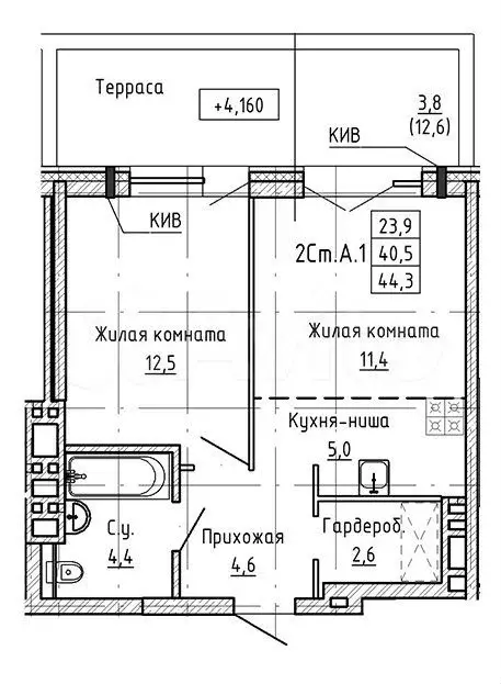 2-к. квартира, 44,3 м, 2/23 эт. - Фото 0