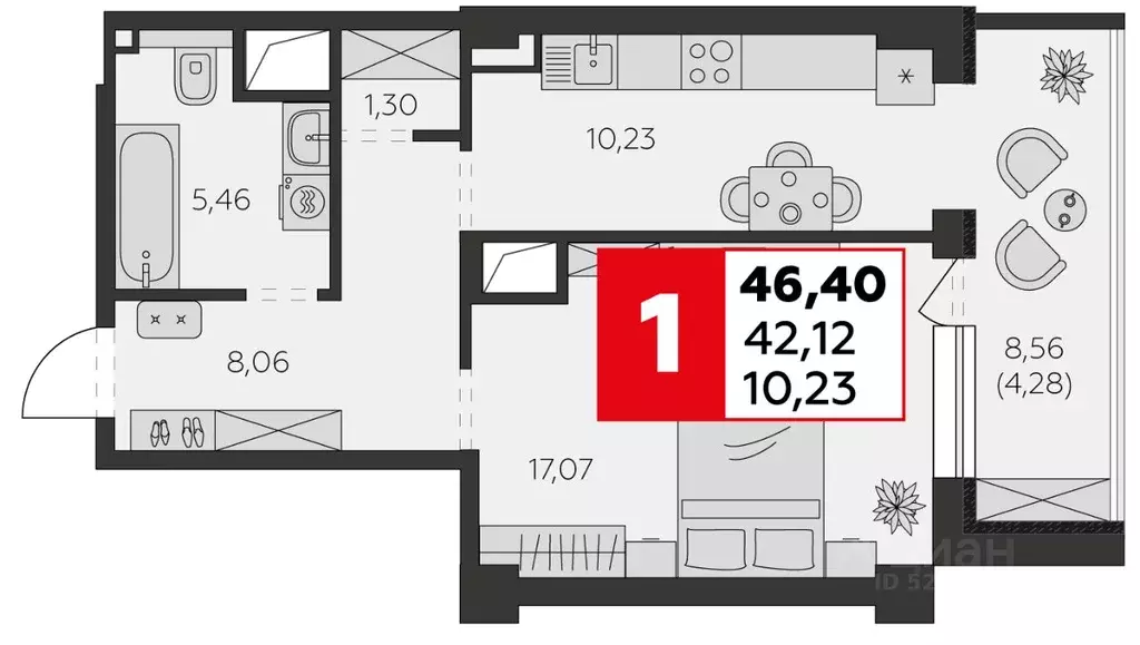 1-к кв. Ростовская область, Батайск ул. Воровского, 53 (46.4 м) - Фото 1