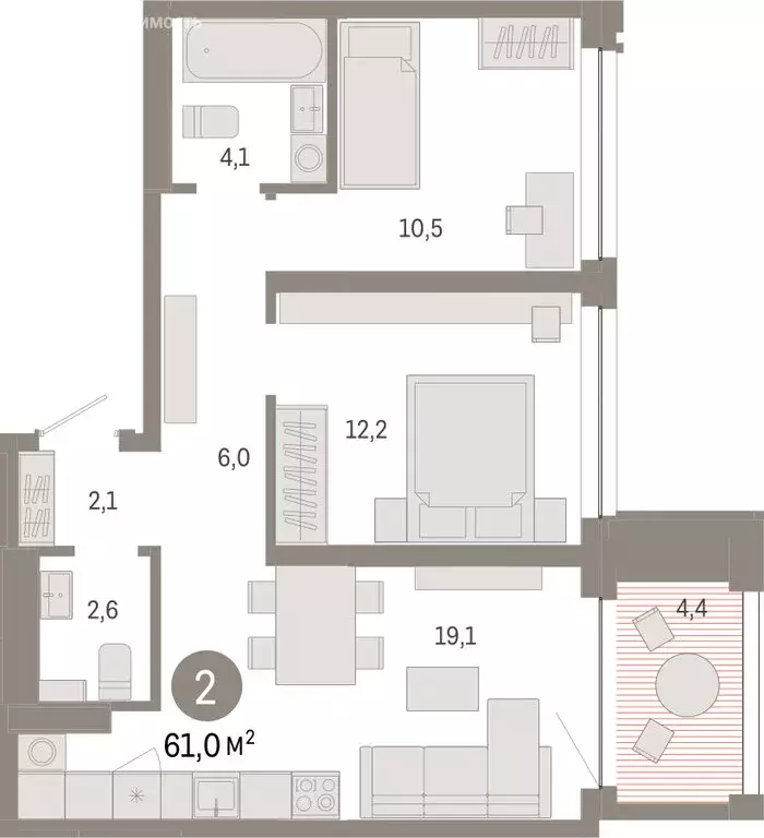 2-комнатная квартира: Тюмень, улица Муравленко, 9/2 (61.03 м) - Фото 1
