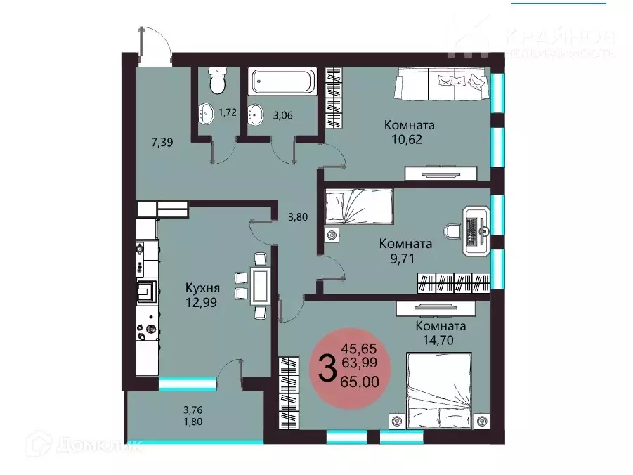 Продаётся 3-к квартира, 65.87 м - Фото 1
