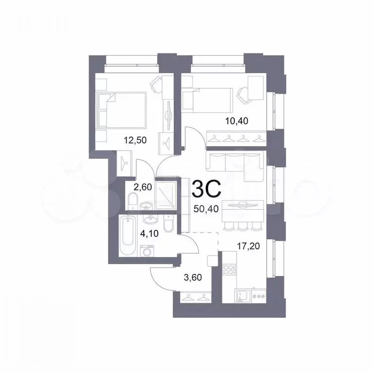 3-к. квартира, 50,4 м, 19/29 эт. - Фото 0