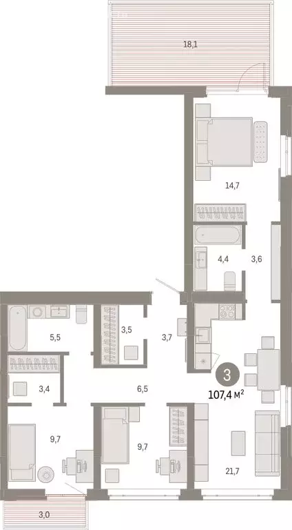 3-комнатная квартира: Тюмень, Ленинский округ (107.36 м) - Фото 1