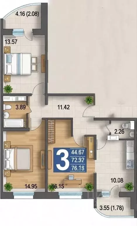 3-к кв. Московская область, Раменское ул. Молодежная, 30 (75.0 м) - Фото 1