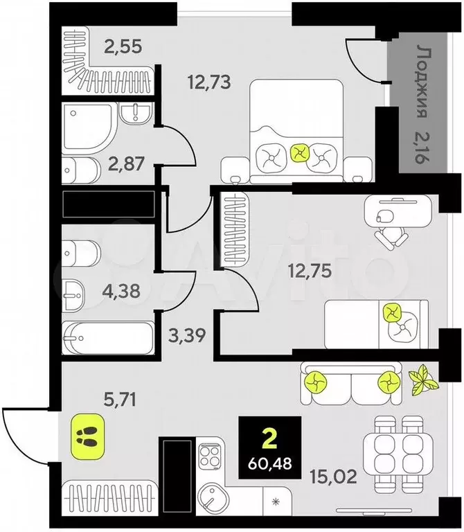 2-к. квартира, 60,5 м, 10/14 эт. - Фото 1