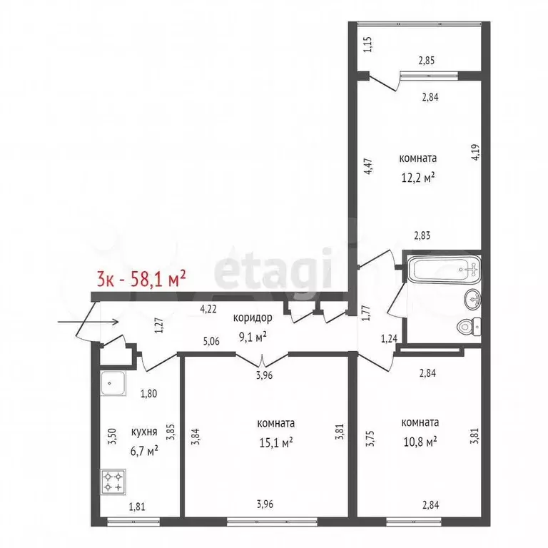 3-к. квартира, 58,1 м, 4/9 эт. - Фото 0