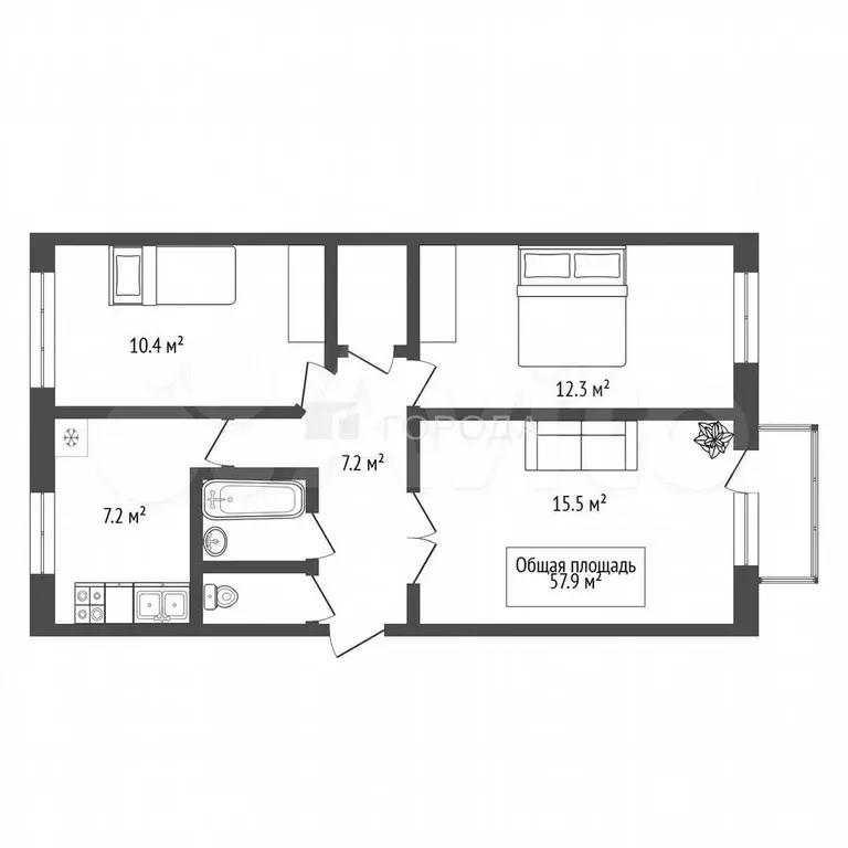 3-к. квартира, 58,4 м, 4/5 эт. - Фото 0