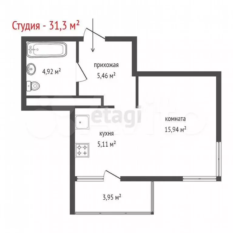 Квартира-студия, 31,3 м, 2/25 эт. - Фото 0